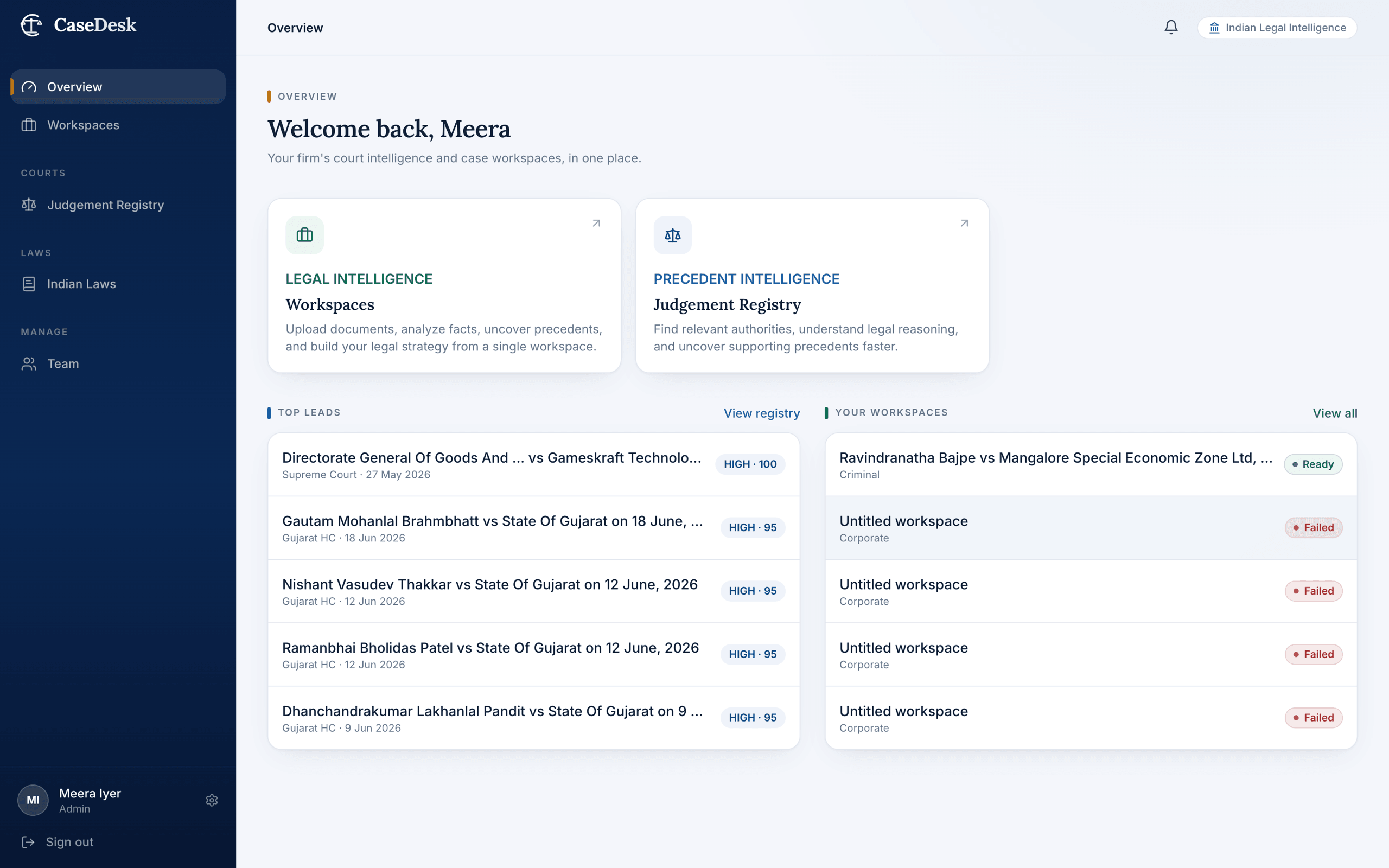 CaseDesk dashboard showing top judgement leads and active case workspaces for a firm