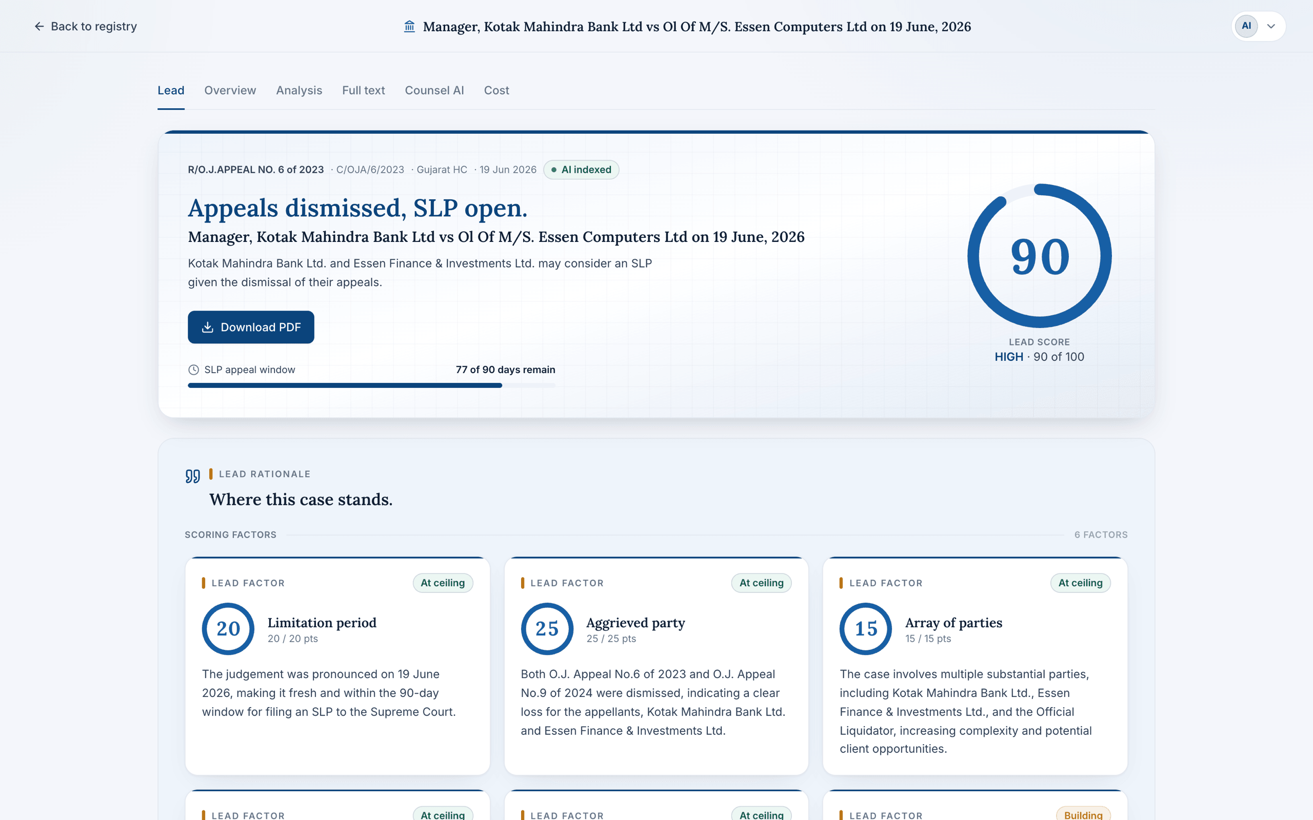 CaseDesk judgement Lead view — a HOT lead score of 90 with its six scoring factors and an SLP appeal-window countdown