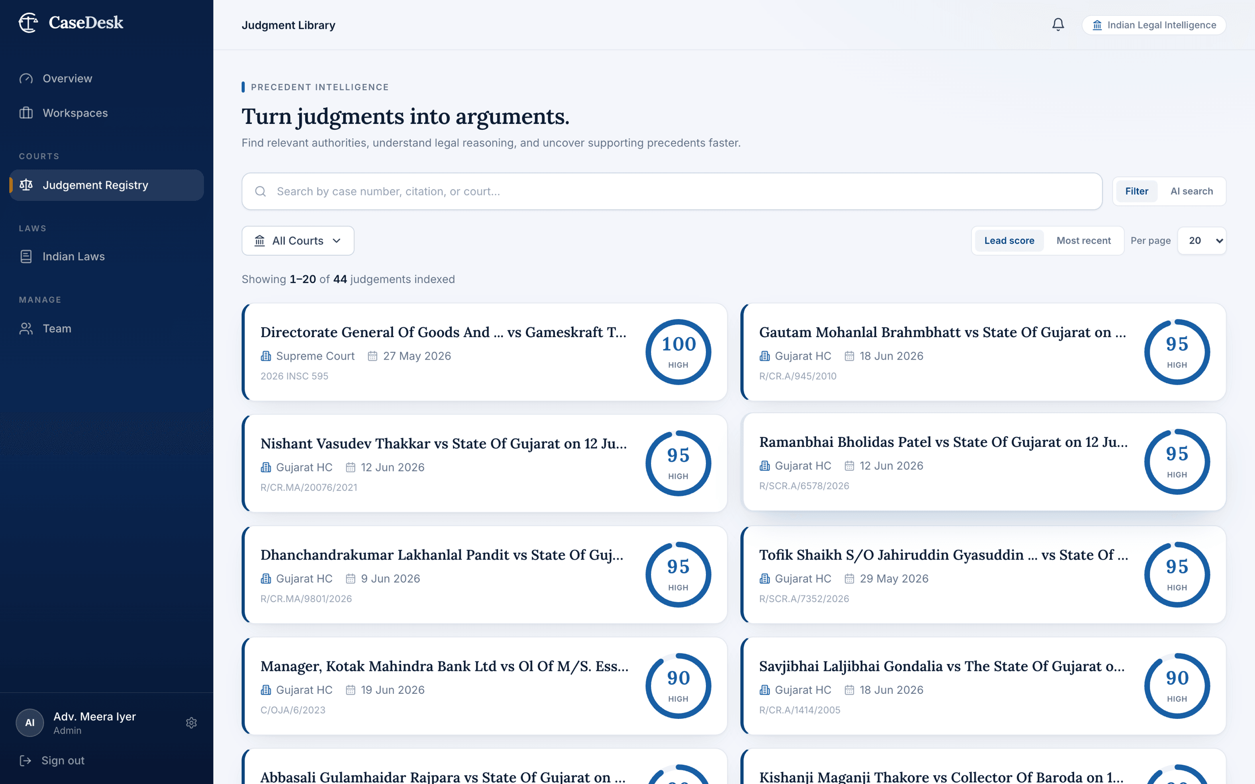 CaseDesk Judgement Registry — court judgements ranked by HOT lead score, with a six-signal breakdown